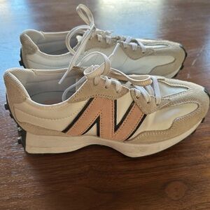 New Balance 327 sneakers, cream and pink, size 7.5
